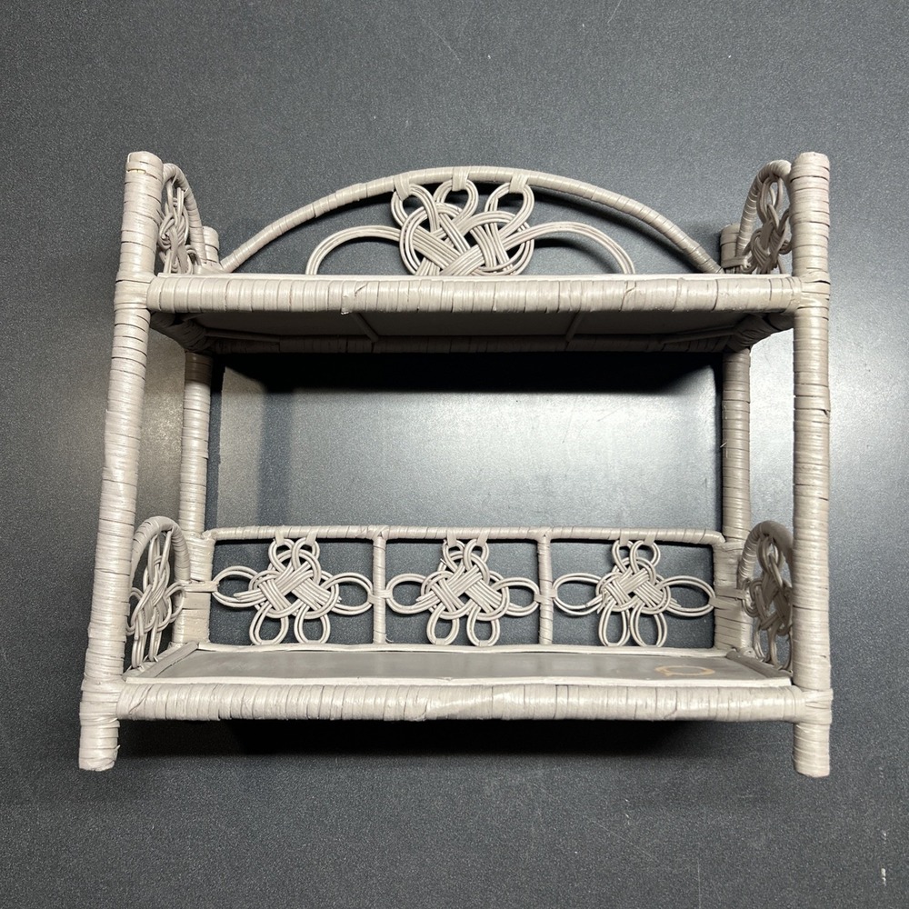 Vintage Boho Woven Wicker Bamboo Rattan Wall Shelf White Shabby Flawed